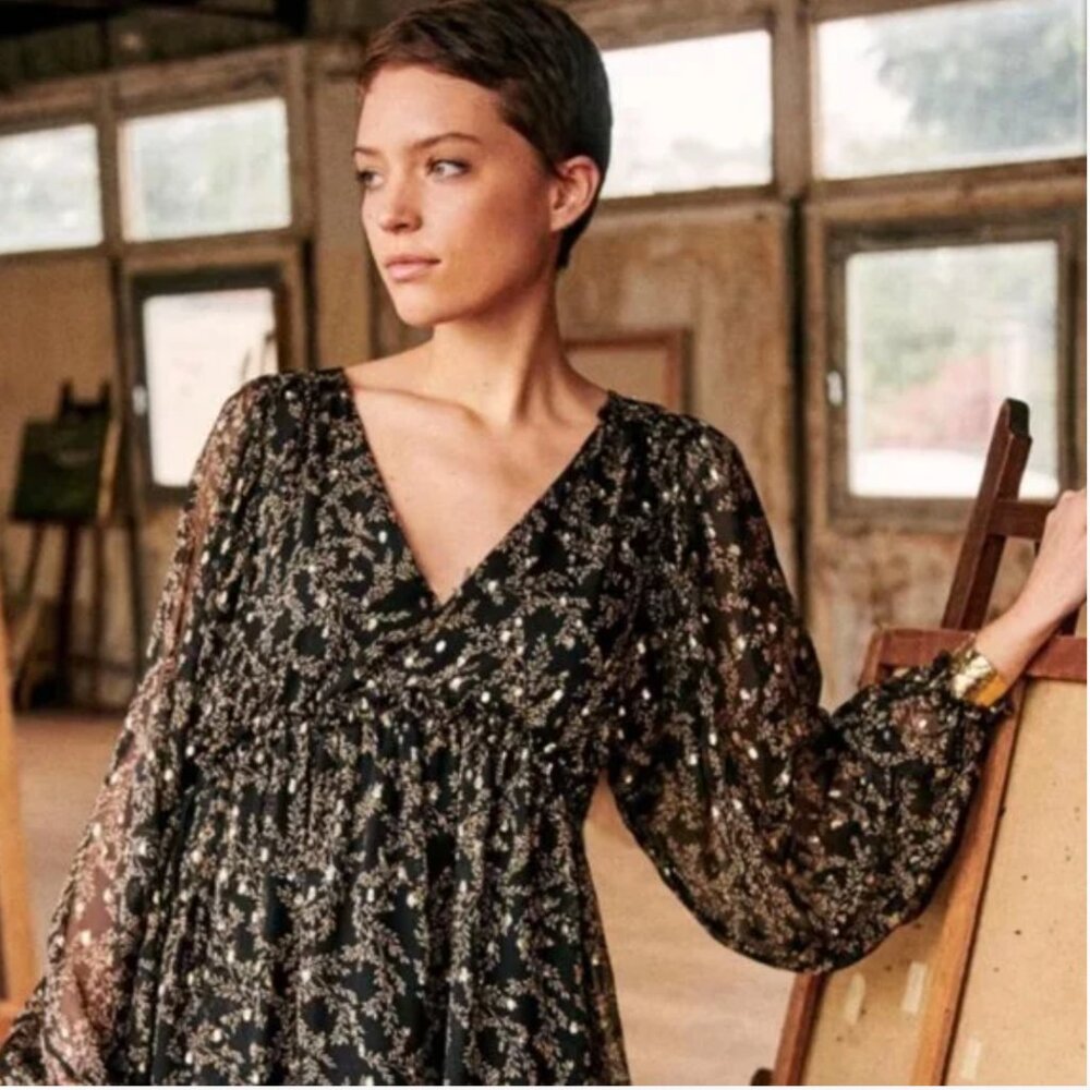 Sezane Evely Dress-Black with Gold metallic print 36
